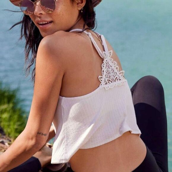 Aerie White Ribbed Lace Appliqué Back Crop Top Bralette NWT Size Medium - Picture 1 of 9
